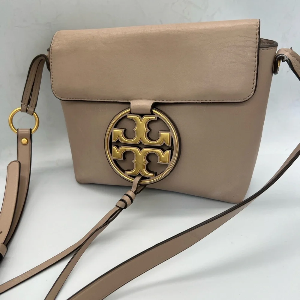 Tory Burch Taupe Leather Crossbody with Gold Logo Medallion